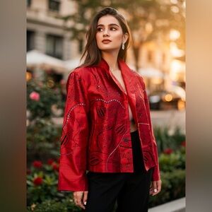 Bleu Bayou RED raw SILK jacket XL open front embroidery sequin blazer seed beads